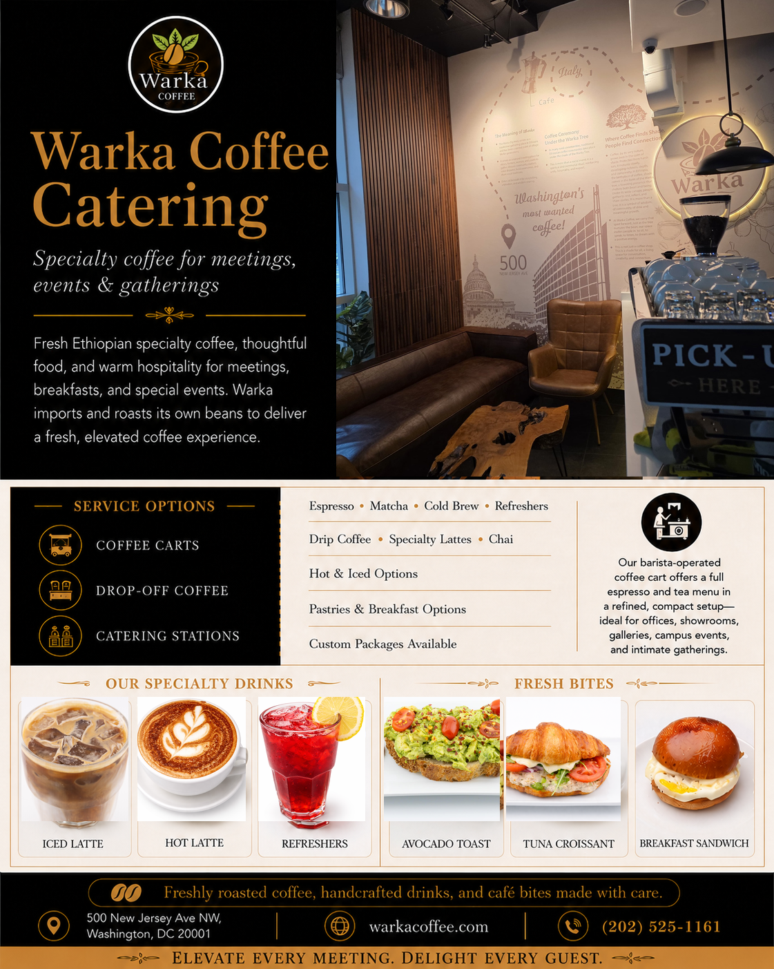 Warka Coffee catering flyer showing coffee carts, drop-off coffee, catering stations, specialty drinks, and fresh bites