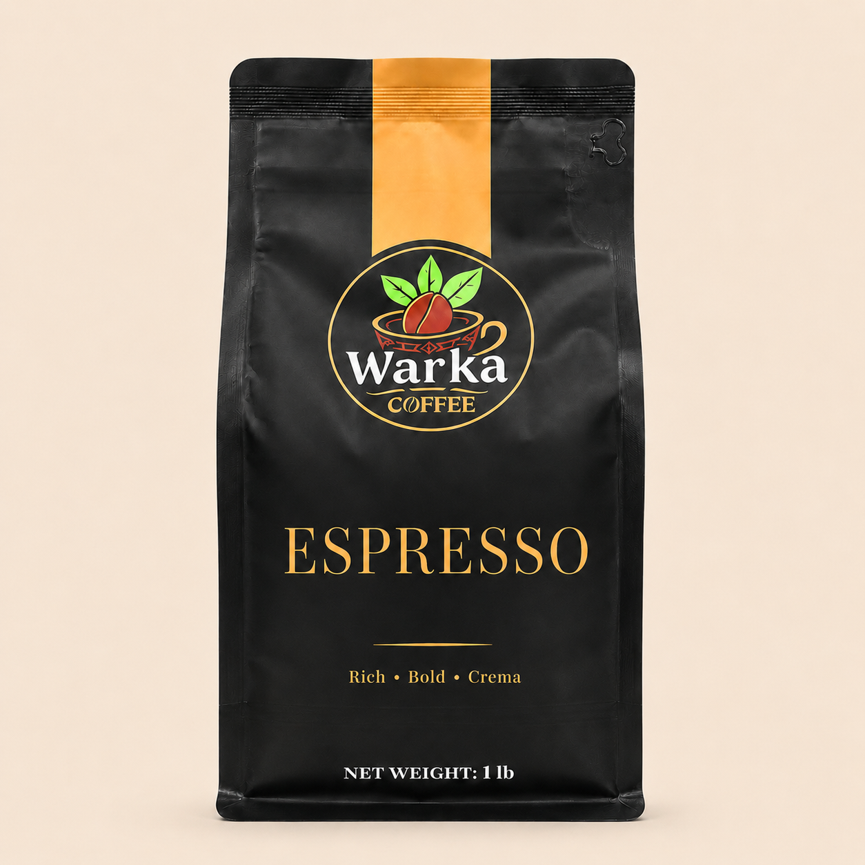 Warka Coffee Espresso retail bag, front view